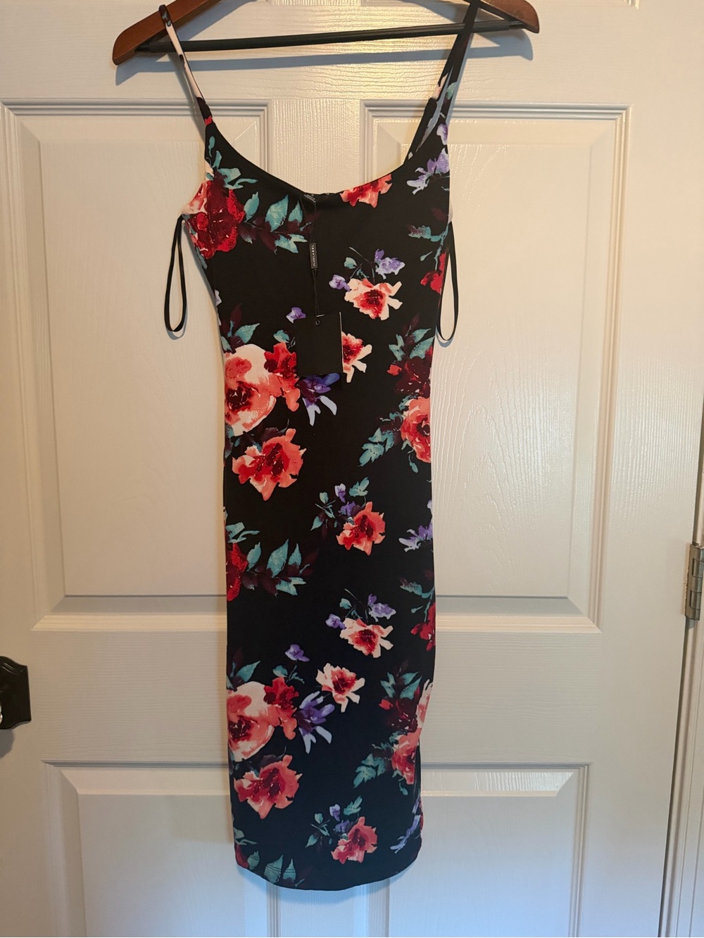 JLUXLABEL Black Slip Dress with Red, Pink & Purple Floral Print